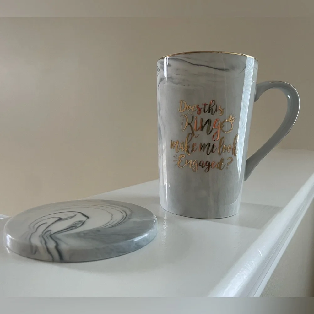 Beautiful marbled ceramic mug with matching cover or coaster. Engagement gift 💛